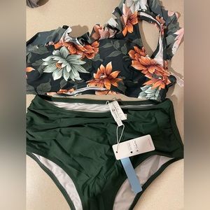 Never worn green floral one shoulder bikini
